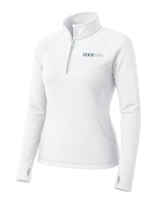 White Womens Sport Wick Stretch 1/4 Zip Pullover w/Edge Physical Therapy Logo