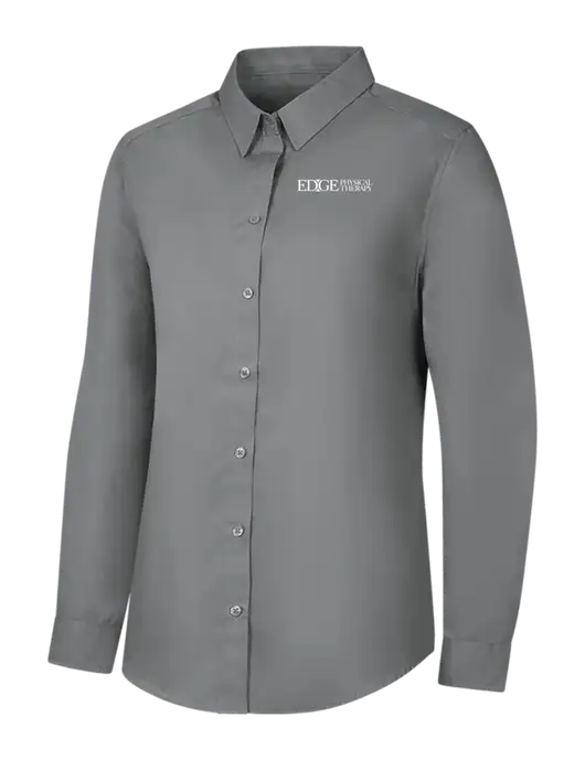 Womens Medium Grey Long Sleeve Carefree Poplin Shirt w/Edge Physical Therapy Logo