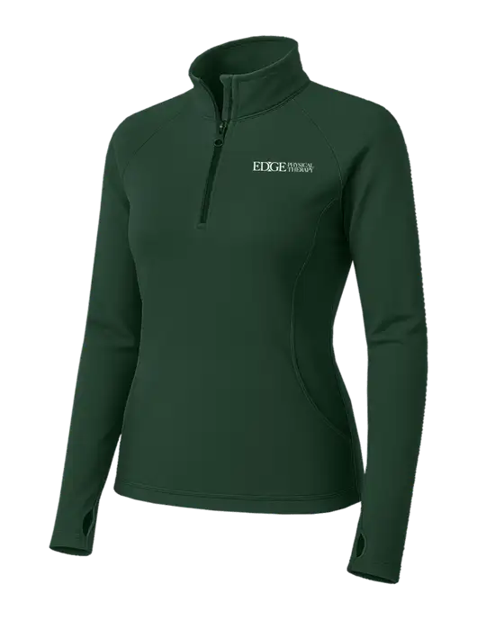 Dark Green Womens Sport Wick Stretch 1/4 Zip Pullover w/Edge Physical Therapy Logo