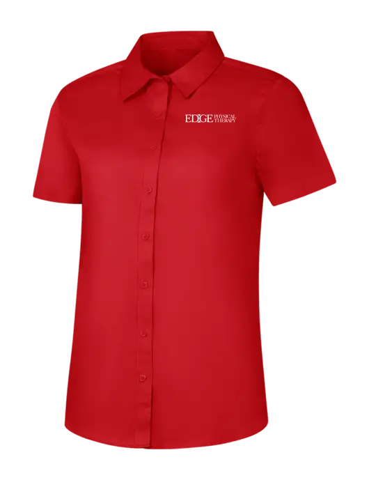 Womens Red Short Sleeve Superpro React Twill Shirt w/Edge Physical Therapy Logo