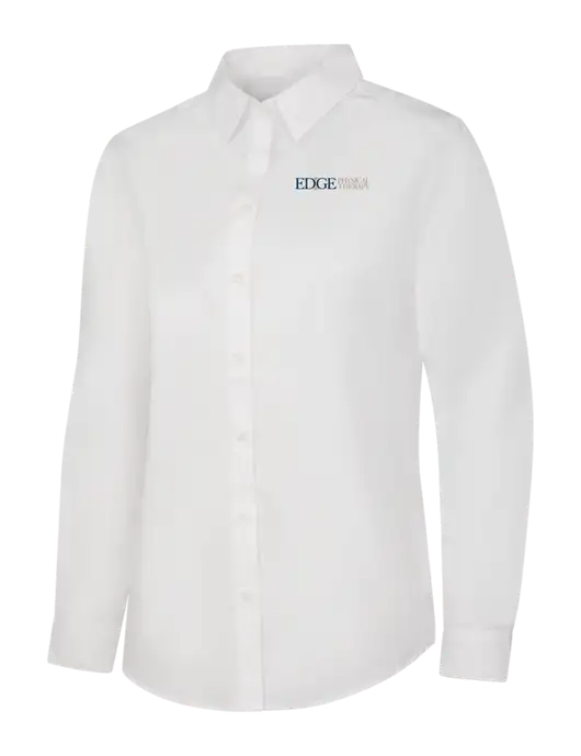 Womens White Long Sleeve Carefree Poplin Shirt w/Edge Physical Therapy Logo