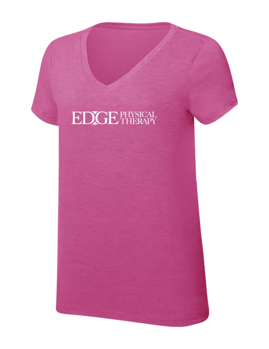 Womens Simply Soft V-Neck Fuschia Frost 4.5oz  Poly/Combed Ring Spun Cotton T-Shirt w/Edge Physical Therapy Logo