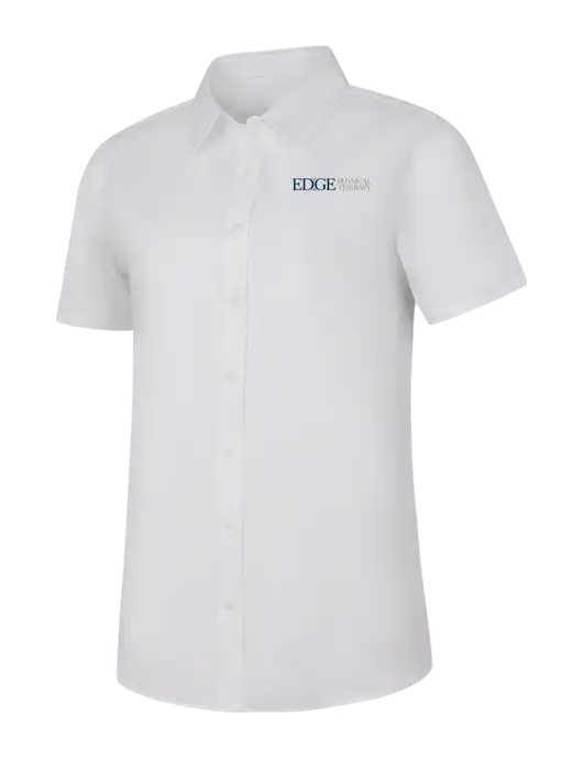 Womens White Short Sleeve Superpro React Twill Shirt w/Edge Physical Therapy Logo