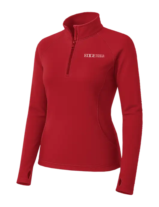 Red Womens Sport Wick Stretch 1/4 Zip Pullover w/Edge Physical Therapy Logo