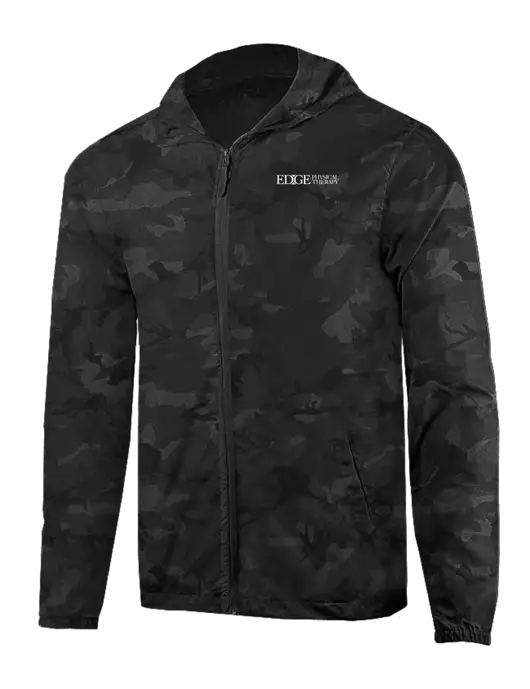 Rainy Day Ultra Lightweight Black Camo Windbreaker Full-Zip Jacket w/Edge Physical Therapy Logo