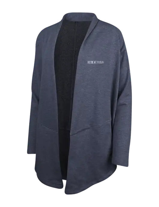 Estate Blue Heather/Charcoal Heather Womens Interlock Cardigan w/Edge Physical Therapy Logo