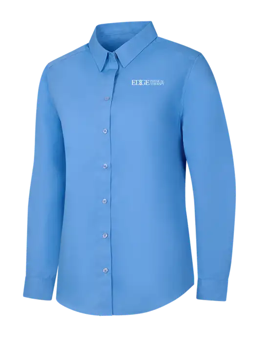 Womens Carolina Blue Long Sleeve Carefree Poplin Shirt w/Edge Physical Therapy Logo