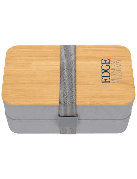 Double Decker Light Medium Grey Lunch Box w/Eco-Friendly FSC Bamboo Lid & Reusable Utensils w/Edge Physical Therapy Logo