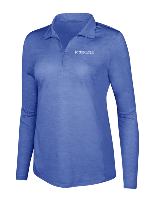 True Royal Heather Womens Posicharge Tri-Blend Wicking 1/4 Zip Pullover w/Edge Physical Therapy Logo