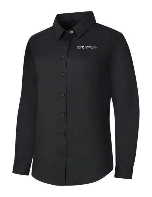 Womens Black Long Sleeve Carefree Poplin Shirt w/Edge Physical Therapy Logo