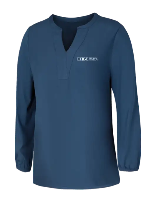 Mercer+Mettle Womens Light Navy Blue Grey Stretch Crepe 3/4 Sleeve Blouse w/Edge Physical Therapy Logo