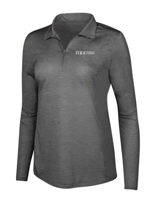 Dark Grey Heather Womens Posicharge Tri-Blend Wicking 1/4 Zip Pullover w/Edge Physical Therapy Logo