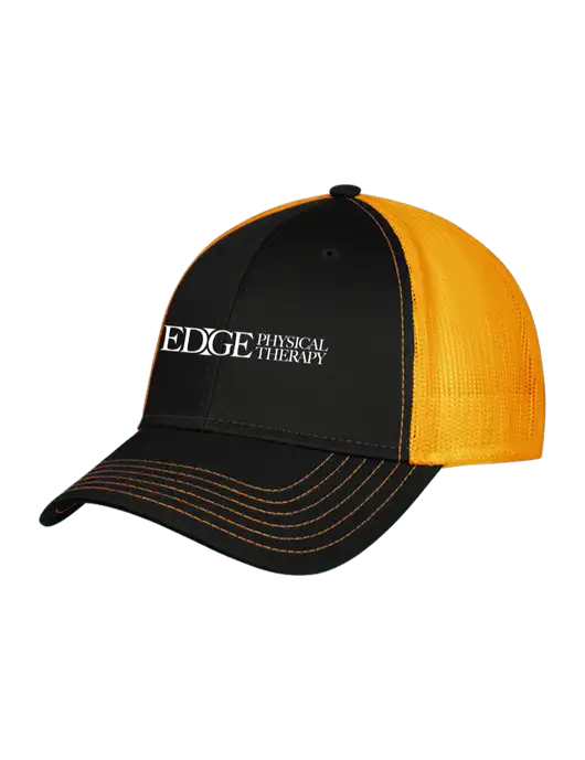 Black/Black/Gold Mesh Gold Stitching on Bill Trucker Cap Snap Back

 w/Edge Physical Therapy Logo