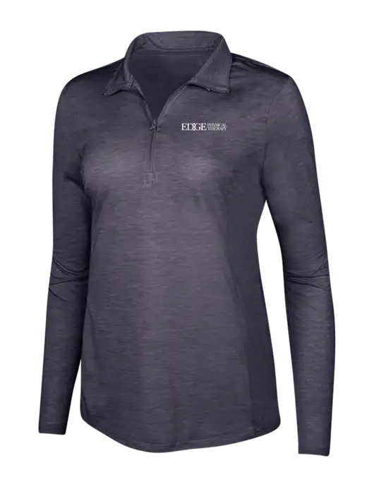 True Navy Heather Womens Posicharge Tri-Blend Wicking 1/4 Zip Pullover w/Edge Physical Therapy Logo