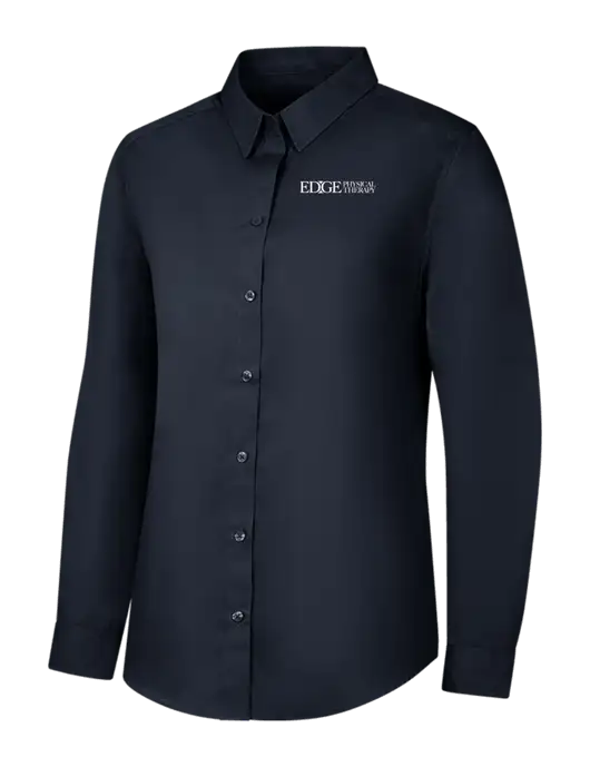 Womens River Blue Navy Long Sleeve Carefree Poplin Shirt w/Edge Physical Therapy Logo